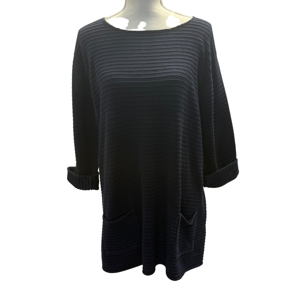 Margaret Winters NY Navy Blue Ribbed Textured Knit Pocket Tunic Sweater medium